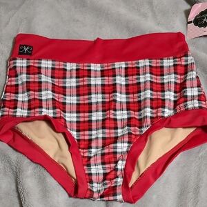 Red Plaid High-Waisted Bikini Bottoms